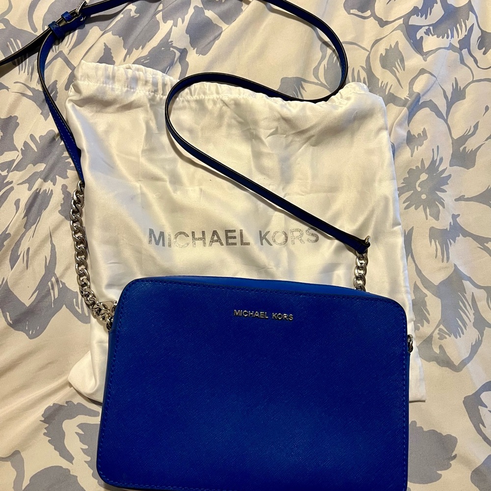 Michael Kors Royal Blue Crossbody Bag with Silver Chain Detail & Dust Bag